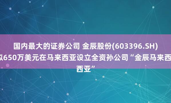 国内最大的证券公司 金辰股份(603396.SH)：拟650万美元在马来西亚设立全资孙公司“金辰马来西亚”
